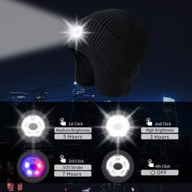 LED Beanie Hat with Light, USB Rechargeable LED Headlamp Hat, Unisex Winter Hat Warm Knitted Earflap Beanie with Night Flashlight, Headlight for Outdoors Stocking Stuffers Gifts for Men Dad Husband