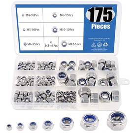 TA-VIGOR 175Pcs Nylon Hex Lock Nuts Assortment Kit, M3 M4 M5 M6 M8 M10 M12 Stainless Steel Nylon Insert Self-locking Nuts, Hexagon Threaded Nyloc Nut Set with Storage Box for Lock Washers Bolts Screws