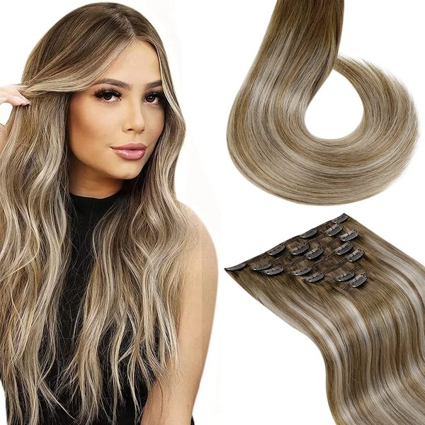 LaaVoo Real Hair Clip-In Extensions, 100 g Remy Clip-In Extensions, Real Hair, 35 - 60 cm, Balayage Ombre, Double Wefts