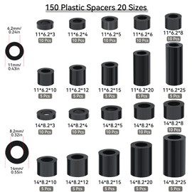 VEPEPE 150 Pcs Plastic Spacers Black, 20 Size Round Non-Threaded Spacers M6 M8, ABS Plastic Insulation Spacer with Assortment Box, Standoffs Support Spacer for Circuit Boards, Motherboard, Screws