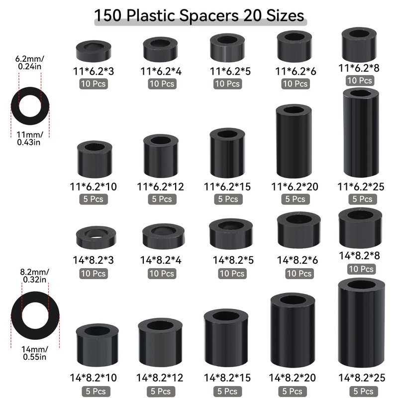 VEPEPE 150 Pcs Plastic Spacers Black, 20 Size Round Non-Threaded