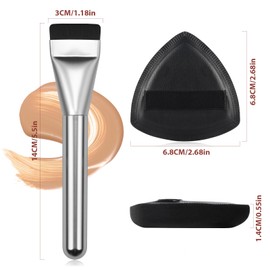 Flat Foundation Brush with Puff, Beautyfactor Ultral Thin Spatula Makeup Brush with Sponge for Liquid Makeup | Fast Flawless Korean Kabuki Brushes for Blending, Liquid, Cream, Blush, Buffing （Silver）