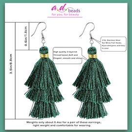 AD Beads Fashion Charm Crystal Silk Tassel 3 Layers Fan Fringe Dangle Earrings (30 Emerald)