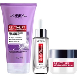 L'Oreal Paris Rutina facial hidratante Revitalift cido Hialurnico (3 piezas): Srum facial 30ml Gel limpiador 150ml Crema de da FPS20 50ml. Hidrata y rellena lneas de expresin, para todo tipo de piel