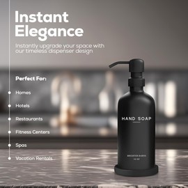 Black Glass Hand Soap Dispenser Bathroom Set by Brighter Barns - Bathroom Soap Dispenser Set with Tray and Stainless Steel Pump - Modern Decor for Kitchen, Hotel, Vacation Rental, Restaurants (Black)
