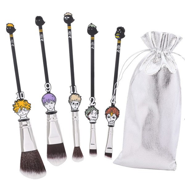 Cute Anime Haikyuu Makeup Brushes - 5 Pieces Cosmetic Brushes Foundation Mix Blush Eyeshadow Face Powder Fan Brush Kit Perfect for Fans