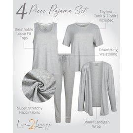 Live2Lounge Women's Pajama Set - 4 Piece Wrap Cardigan, T-Shirt, Tank Top, and Jogger Pants (S-XL), Size Medium, Heather Grey
