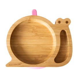 eco rascals Snail Shaped Natural Bamboo Plate for Babies and Toddlers, Snail Shaped Baby Suction Plate for Weaning with Two Sections, Removable Suction Base (Pink)