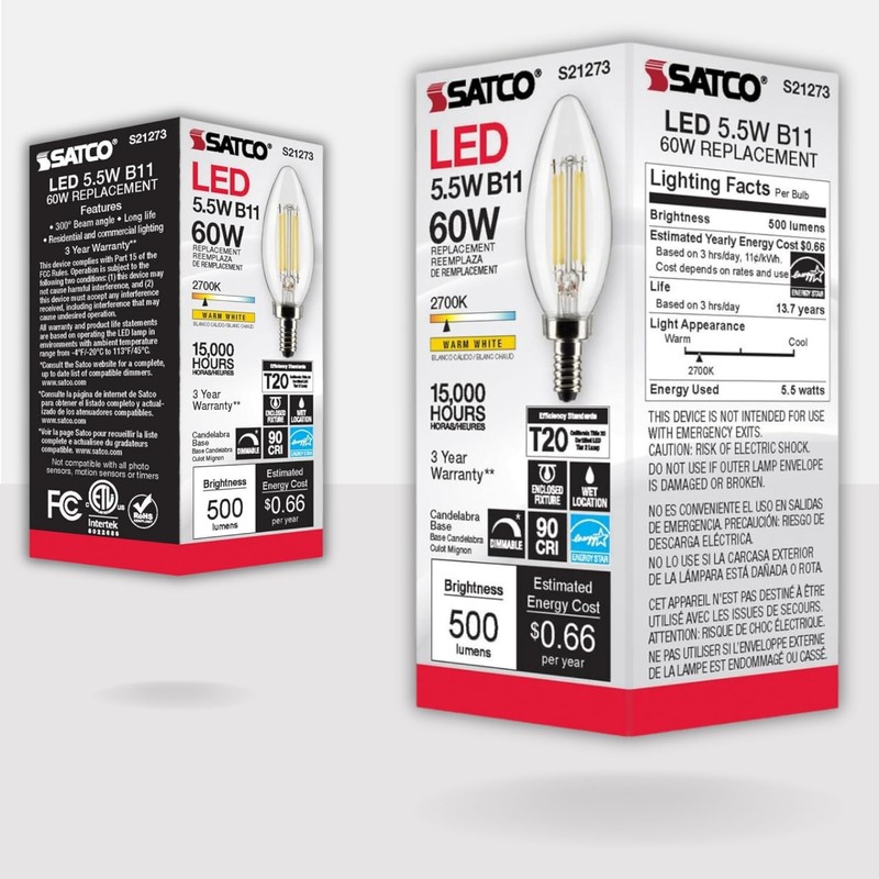 Satco Lighting S21273-5.5 Watt B11 LED Clear Dimmable Light Bulbs