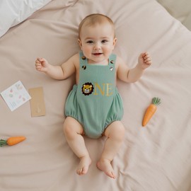 MAHUAOYIXI Baby Boy 1st Birthday Outfit Corduroy Animal Letters Embroidery Sleeveless Romper Infant Bodysuits Birthday Gift for Toddler Boys Clothes (Army Green, 12-18 Months)