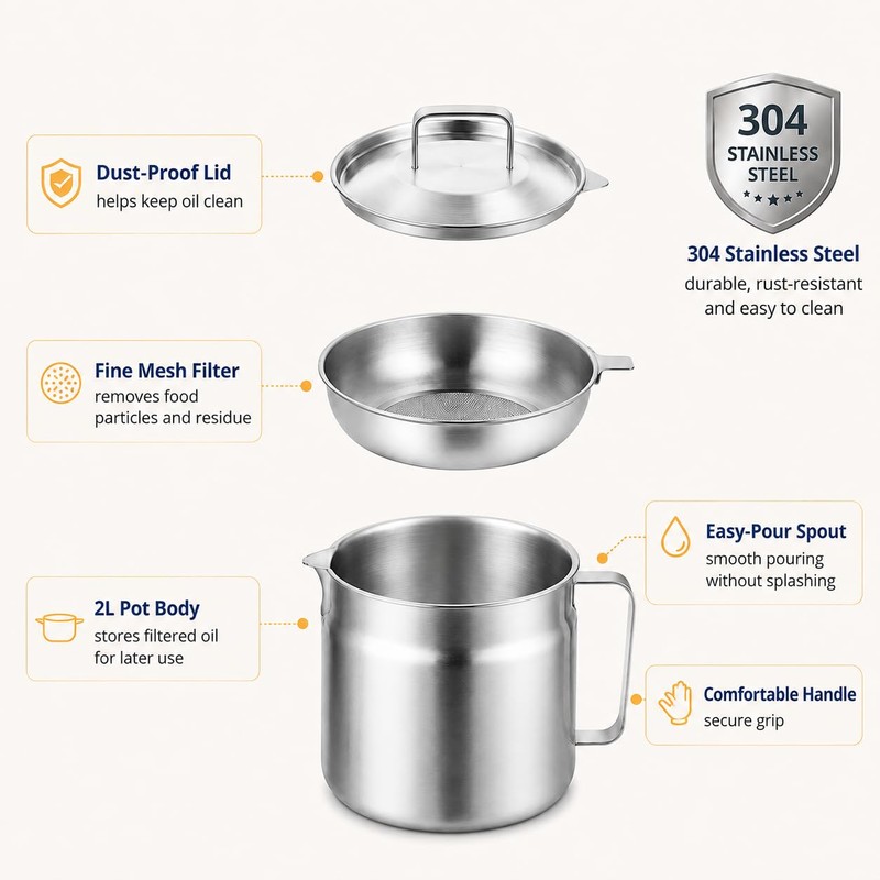 2L 304 Stainless Steel Deep Fat Fryer with Oil Strainer