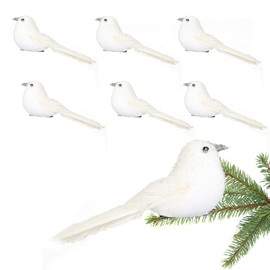 Artificial White Feather Doves with Clips 6 PCS Christmas White Cardinal Birds for Christmas Tree White Feathers Foam Birds Glitter Mini Birds DIY Craft for Tree Wedding Home Garden Decoration