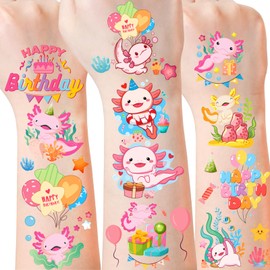 Pink Axolotl Temporary Tattoos Stickers - 6 Sheets 240 Pcs Axolotls Birthday Party Favors Decorations Cute Reptile Animals Salamander Tattoo Stickers for Girls Kids School Rewards Bag Stuffers Fillers