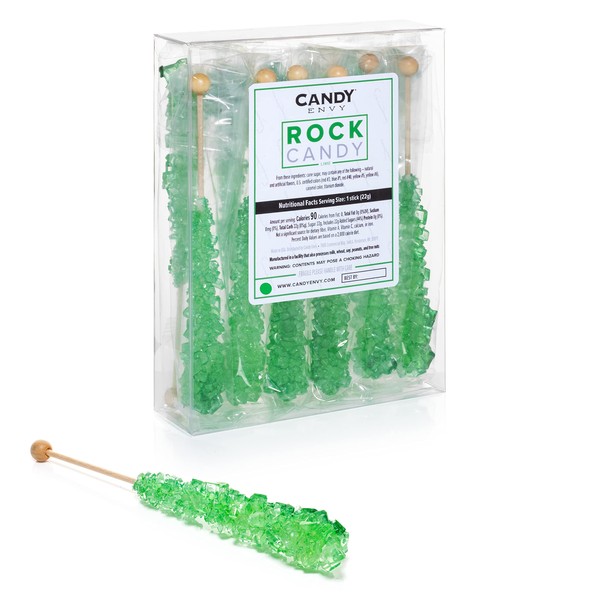 Green Rock Candy Crystal Sticks - Lime Flavored - 12 Indiv. Wrapped