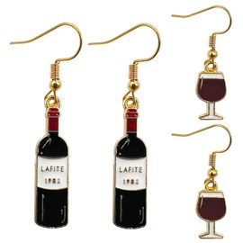 Wine Glass Wine Bottle Dangle Drop Earrings - 2 Pairs Unique Enamel Alloy Red Wine Glass Earrings,Fun Novelty Creative Earrings,Asymmetric Dangle Earrings Women Jewelry Gift