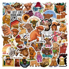 50 Pcs Highland Cow Stickers – Cute & Funny Cattle Vinyl Decals for Laptops, Water Bottles, Scrapbooks, Journals, Phones, Luggage, Aesthetic Farm Animal Sticker Pack for Teens & Adults