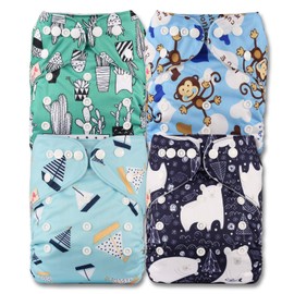 Littles & Bloomz, Reusable Pocket Cloth Nappy, Fastener: Popper, Set of 4, Patterns 404, with 4 Bamboo Charcoal Inserts