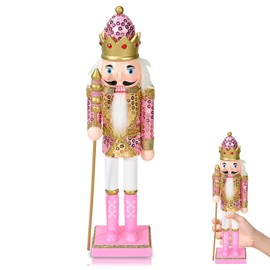 Pink Nutcracker Soldier Ornaments Christmas Decorations, 14 Inch christmas nutcracker figures large, Traditional Painted Wooden Doll,Nutcracker Soldier Puppet Doll for Fireplace Xmas Gift Indoor Decor