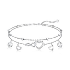 Shusukue Infinity Heart Bracelet 925 Sterling Silver Double Layered Beaded Bracelet Adjustable Hand Chain Summer Beach Holiday Jewelry for Women 7-9”