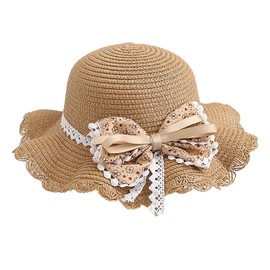 YJZQ Girls' Straw Hat and Bag Set, Beautiful Summer Sun Hat and Mini Handbag Set, Children's Fashionable Fishing Hat with Flowers, Bow, Breathable Beach Hat for Camping, Holiday, Picnic, Beach, Khaki