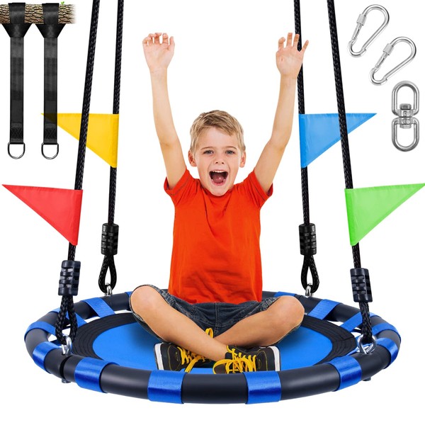 Odoland 24 inch Kids Tree Swing, Outdoor Small Saucer Swing - 900D Waterproof Oxford Swing, Backyard Round Flying Swing wirh Adjustable Hanging Ropes Hanging Straps and Turnbuckle Black