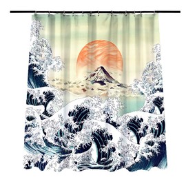 Obal Great Wave Off Kanagawa Shower Curtain, Ukiyo-E Japanese Style Bathroom Curtains Water Resistant Mould Free Polyester Heavy Weight Bath Accessory With 12 Curtain Hooks Washable, 180cm * 180cm
