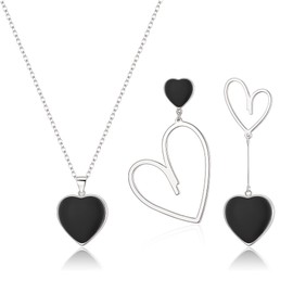 EVER FAITH Heart Jewellery Set for Women Black Heart Pendant Necklace and Asymmetrical Earrings Set Jewellery Gifts for Women 14K Gold Plated, Metal, No Gemstone