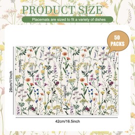Watersay 50 Pcs Spring Flowers Placemats 11 x 17 Wildflower Paper Placemats Summer Seasonal Disposable Paper Place Mats for Rustic Farmhouse Kitchen Decorations