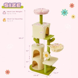 Erinnyees Flower Cat Tree, 55.1 Inches Cat Tower, Sturdy Kitty Tree Tower with Scratching Post, Condos, Soft Hammock, Flower Perch, Multi-Level Modern Kitty Activity Center