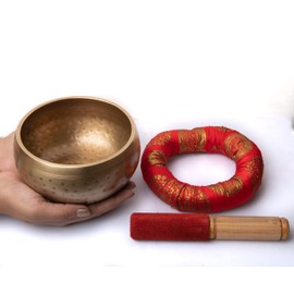 WC_ Tibetan Singing Bowl Meditation Sound Handmade Healing Chakra Balancing Positivity Anxiety Stress Relief with Wooden Striker and Cushion (Red_5")