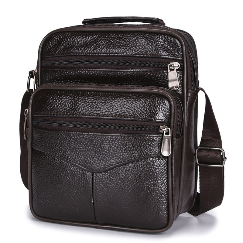 Business Shoulder Bag Black Cowhide Metal Zippers Large Capacity Business