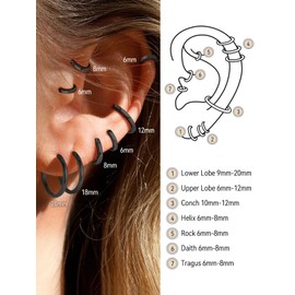 FaithHeart Small Sterling Silver Hoop Earrings for Women, Hypoallergenic Black Huggie Hoop Earrings Lightweight Small Cartilage Earrings Cuff Hoop Earring Dainty Everyday Earrings 18mm