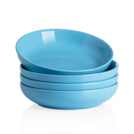 Sweejar Pasta Bowls, Ceramic Dinner Plates, 25oz Salad Serving Bowls for Soup, Dessert, Pizza, Fruit, Steak, Microwave Dishwasher Safe, Set of 4 （Steel blue）