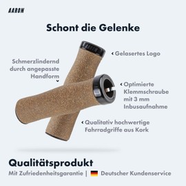 AARON Organic cork bicycle grips with adapted texture – ergonomic handlebar grips made of non-slip cork – soft handles suitable for e-bike, trekking bike, mountain bike, touring bike