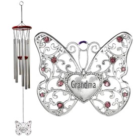 BANBERRY DESIGNS Grandma Butterfly Wind Chimes - Wood Windchime with Silver Filigree Grandmother Butterfly Purple Rhinestones in The Wings - Approx. 37 Inches Long - Indoor Outdoor Chimes Butterflies