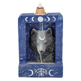 Mystical Wolf Moon Phases Backflow Incense Holder Wiccan Style Artificial Stone Hand Painted Blue Silver 10cm Height Backflow