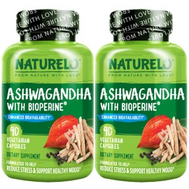 NATURELO Ashwagandha Organic Root Powder - Natural Herbs Supplement for Fatigue, Stress Relief, Mood Enhancer - with Black Pepper Extract - Twin Pack - 180 Vegan Capsules