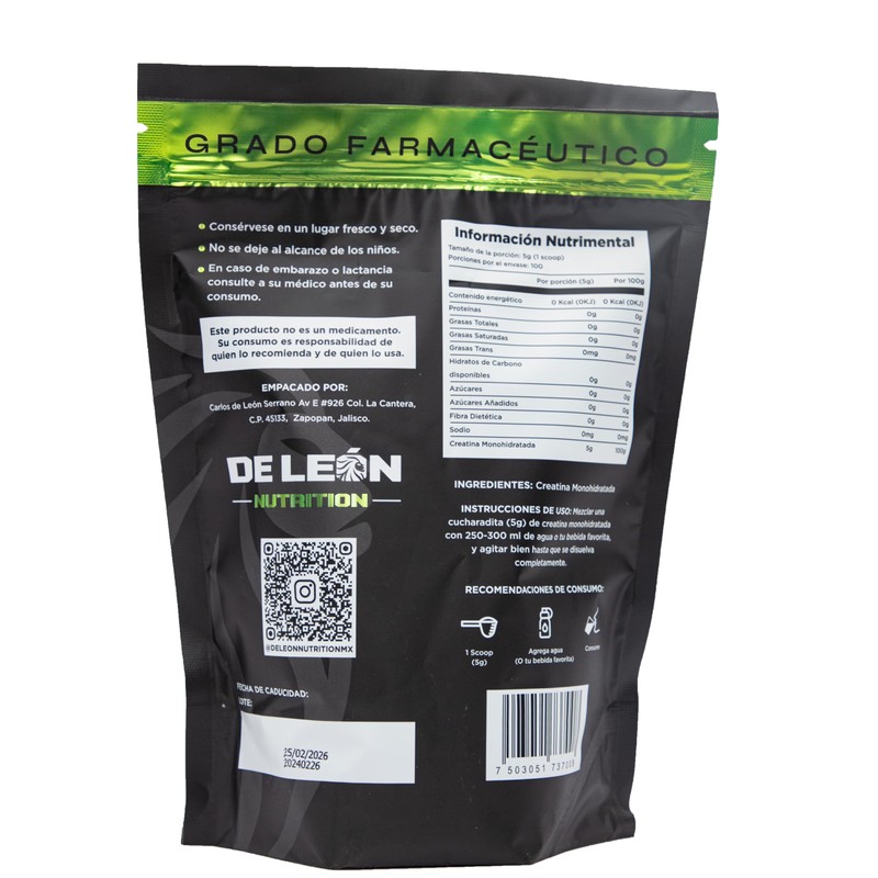 Creatina Monohidratada sin Sabor ni Azúcar de De Leon Nutrition,
