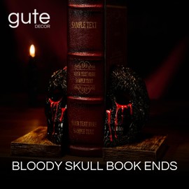 Skull Book Ends Gothic, Lifesize Human, Heavy-Duty Bookends, Skeleton Decorations, Bookends for Shelves, Heavy Books, Black Skull Design Bookend 7x5.1x6.3, Spooky Decor, Holiday - Bloody Black & Red