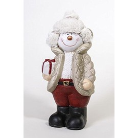 Decorative Snowman with Gift in Arm Standing, Red with Fur Hat, Brown