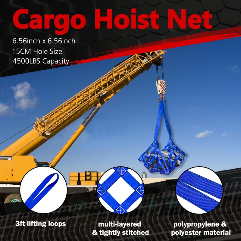 FITHOIST Cargo Lifting Net 4400LBS, 6.56'x6.56' Safety Lifting Net Straps