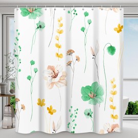 WITHLOC Shower Curtain Watercolor Flower Shower Curtain Sets - Spring Light Green Floral Plant Shower Curtains for Bathroom, Washable Modern Farmhouse Decor, 72 x 72