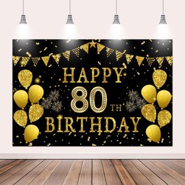 Pnylzzyxh 8x6ft Happy 80th Birthday Party Photography Backdrop, Glitter Black and Gold Balloons Background for Woman Man Fabulous 80 Bday Shining Diamond Eighty Years Old Birthday Party Supplies