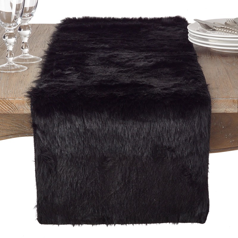Faux Fur Design Table Runner, 15"x36", Black