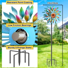 MeyRolizn 64 inch Colorful Garden Wind Spinner, Outdoor Wind Sculpture with 5 Prong Base Stand, Metal Windmill for Lawn Yard Art Outdoor Decorations (A-Colorful)