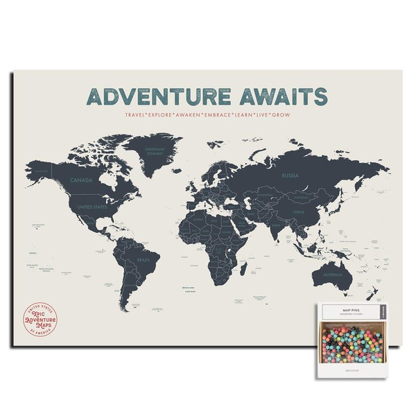 Epic Adventure Maps Push Pin World Map Poster 24" x 17" - World Travel Map Marks Your Adventures Around The World - Multicolored Pushpins Included - Travelers Gift - Traveler Wall Decor