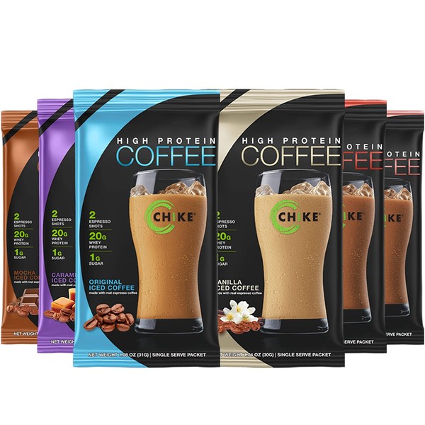 CHIKE High Protein Iced Coffee Sampler Pack, 20 G Protein, 2 Shots Espresso, 1 G Sugar, Keto Friendly and Gluten Free, 6 Single Serve Packets