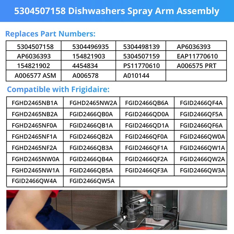 5304507158 Dishwashers Spray Arm Assembly Fit for Frigidaire Dishwashers Lower