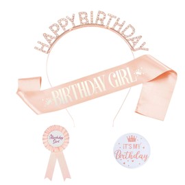 GOZINA Birthday Sash for Women, Birthday Tiara with Its My Birthday Badge Birthday Girl Sash and Birthday Crown for Party Birthday Accessories for Women (Rose Gold)