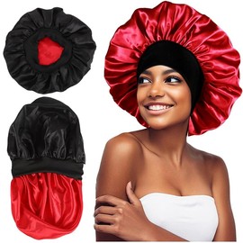 Double Layer Silk Sleep Shower Cap for Women, Satin Reversible Satin Night Sleep Cap Hair Shower Cap for Women Curly Hair Braids (Black+Red, One size)